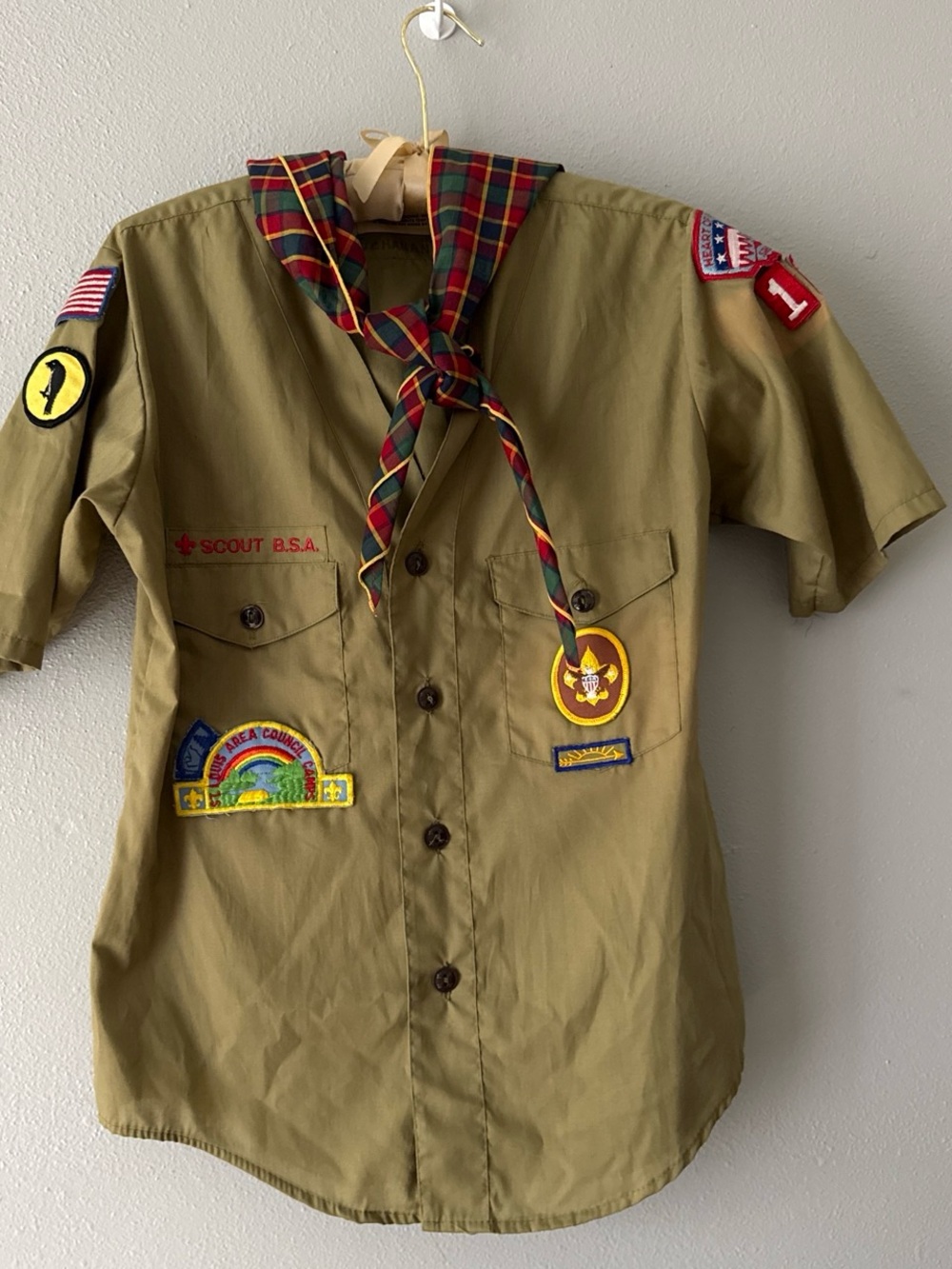 vintage 70s/80s Boy Scouts of America uniform shirt w/ matching plaidneckerchief